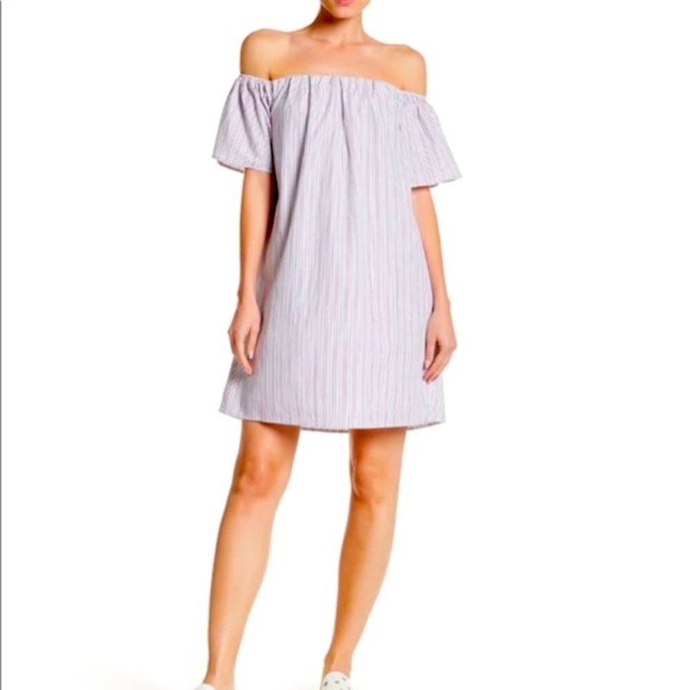 Bobeau Cotton of the Shoulder Striped Shift Dress